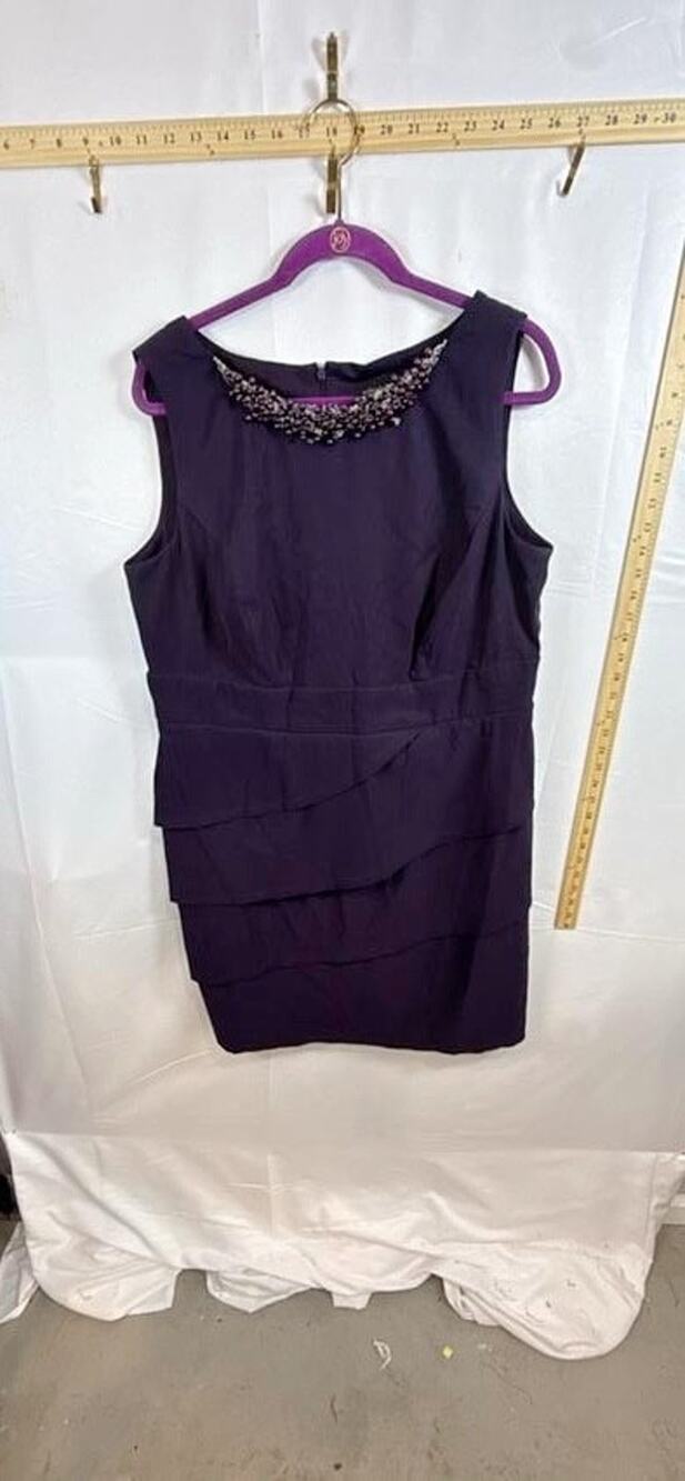 Connected Apparel Womens 16W Dress Plum Beaded Neckline Tiered Ruffle Plus Size